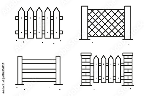 Fence outline icon set. Collection of various fences like picket, wooden, and wire mesh. Barrier, boundary, and property line symbols for web, apps, and infographics.