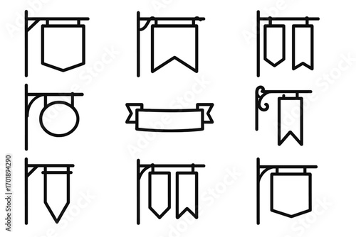 Street banner line icon bundle with various outline signs for graphic design, web design, apps, adverts, cards, vector cartoon illustration transparent background
