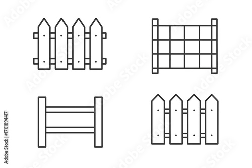 Fence line icon set. Collection of outline symbols of fences for web and apps. Vector illustration of a garden picket, wooden barrier, and farm enclosure. Boundary and security concept.