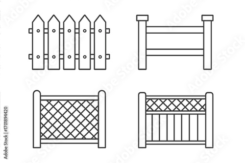 Fence line icon set. Collection of various fences. Thin line symbols for design. Picket fence, garden barrier, railing. Vector cartoon illustration of boundary, security.