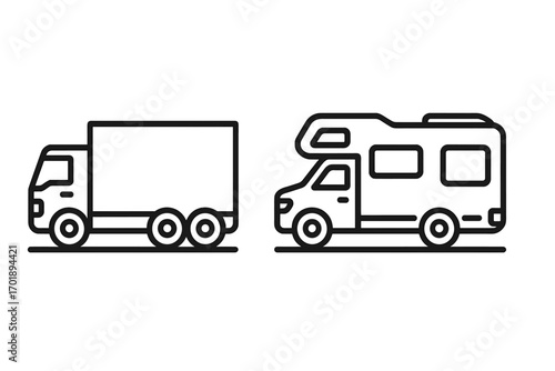 Modern truck and motor home outline style icons, vector cartoon illustrations for design, cards, apps, social networks, transport and travel set with transparent background