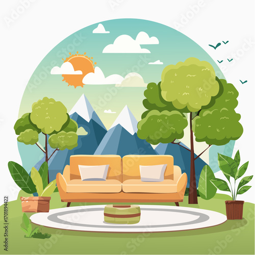 Comfortable Sofa in Lush Green Park with Mountain View