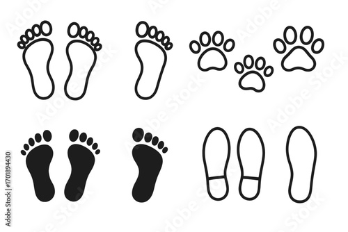 Footprint icon set vector. Human bare foot steps, animal paw prints and shoe sole tracks. Black line and silhouette collection for graphic design, web, apps, or print.