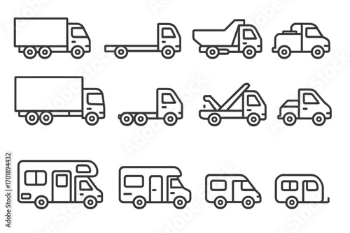 Truck and motor home thin line icon set, outline signs for graphic and web design, apps, adverts, various cards, vector cartoon illustration, transparent background, transport vehicles
