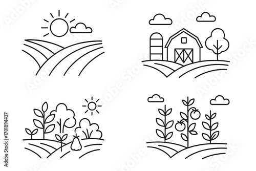 Farm and agriculture line icon set. Rural landscape with fields, barn, and silo. Garden with fruit trees, tomato plants, and vegetable crops. Outline vector symbols for design.