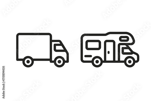 Truck and motor home modern outline style icons, cartoon vector illustrations for design, cards, apps, social networks, transportation, travel, vehicle symbols, transparent background set