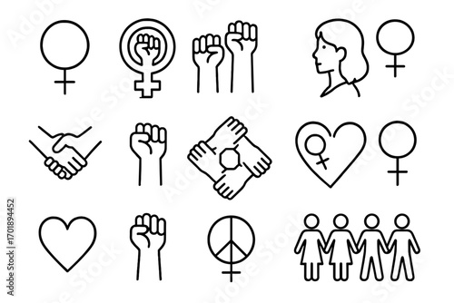 Feminism and gender equality icon set. Outline vector symbols of female power, solidarity, and protest. Includes raised fist, Venus symbol, girl power and diverse community icons.