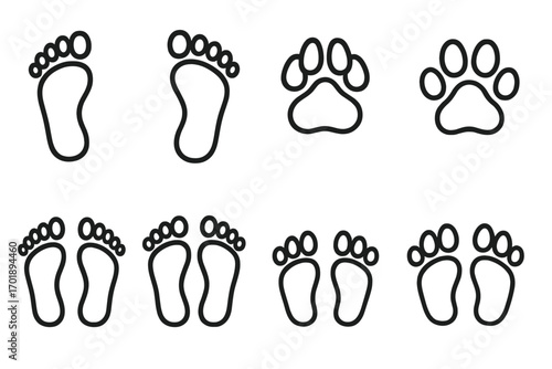 Footprint and paw print line icon set. Human foot, dog, cat, and baby step symbols. Vector outline collection for walk, trail, and track concepts. Isolated graphic elements.