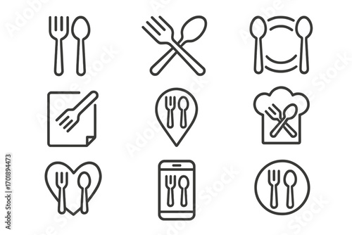 Fork and spoon icon set for restaurant and food delivery apps. Vector symbols for menu, location, cooking, and dinner. Editable stroke for UI, web, and graphic design.