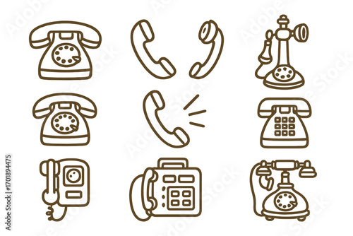 Vintage phone line icon bundle, retro telephone symbols, outline vector signs for graphic design, app icons, adverts, various cards, transparent background, cartoon illustration