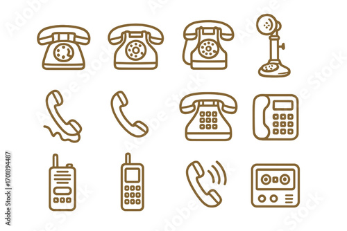Vintage phone icon set bundle. Retro telephone outline signs and symbols for graphic design, apps, adverts, and various cards. Classic communication devices vector illustration transparent background