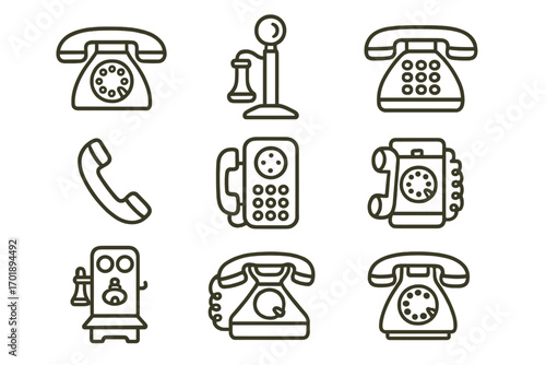 Vintage phone line icon bundle, retro telephone outline signs collection for graphic design, web, apps, adverts, various card uses, cartoon style vector illustration set