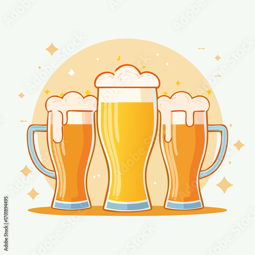 Three Glasses Of Beer With Foam On Table In Pixel Art