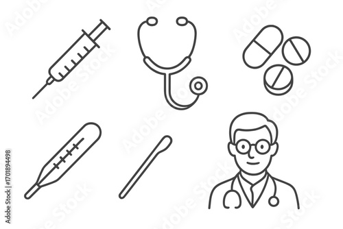 Medical icon set with doctor, syringe, stethoscope, pills, thermometer. Healthcare and medicine concept symbols for clinic, hospital, web, app. Thin line vector illustration.