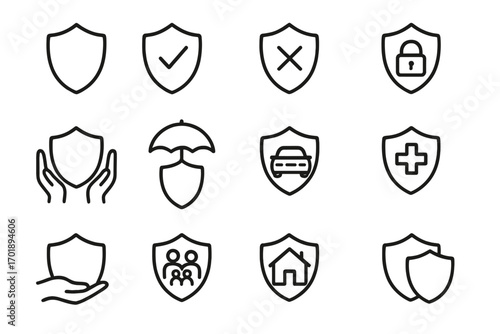 Shield and insurance line icon bundle, outline security signs, protection symbols for graphic design, web, apps, adverts, various cards, vector cartoon illustration set