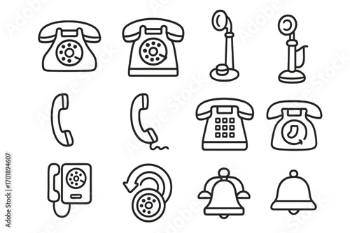 Vintage phone thin line icon set with rotary dial, old telephone handset, bell, and call symbols, retro outline signs for graphic design, web apps, adverts, and cards, vector cartoon illustration