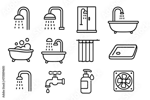 Set of Shower and Bathtub Line Icons, Bathroom Plumbing Fixtures, Showerhead, Bathtub with Bubbles, Shower Curtain, Faucet, Hand Wash, Vent Fan, Outline Symbols for Web Design and Advertising