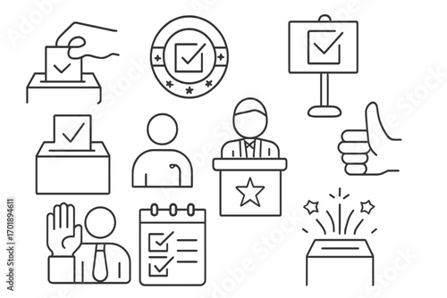 Election and voting line icon set. Vector collection of poll signs like ballot box, political candidate, vote checkmark, and campaign symbols for web, apps, and infographics.