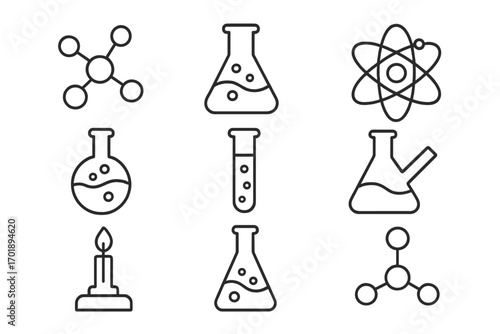 Chemistry science line icon set. Laboratory equipment vector collection. Molecule, atom, flask, test tube, burner symbols for lab research, education. Editable stroke icons.