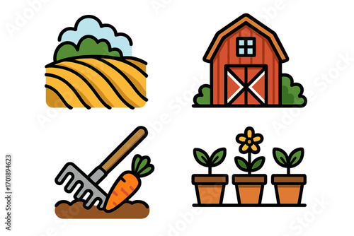 Farming and agriculture line icon set. Vector cartoon illustration of a barn, crop field, carrot harvest, and potted plants. For web, app design, or infographics.