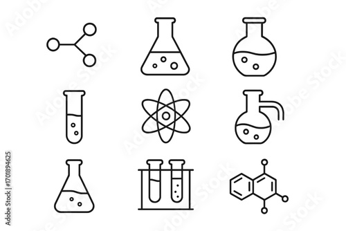Chemistry line icon set. Science education symbols. Laboratory equipment, experiment, research. Vector linear icons of atom, molecule, flask, test tube, chemical formula.