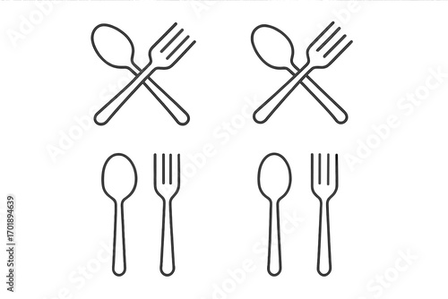 Fork and spoon icon set. Thin line vector illustration of cutlery for restaurant menus, food apps, and websites. Editable stroke kitchen utensil symbols for dining concept.
