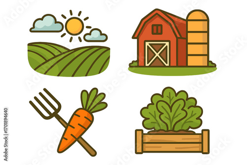 Farming and agriculture icon set. Organic food and harvest concept. Rural landscape with farm barn and field. Healthy vegetable garden with carrot and lettuce. Vector icons.