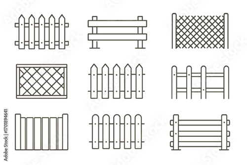 Fence icon set collection. Various wooden and mesh fences. Line art vector illustration for garden, park, farm or boundary concepts. Picket fence outline graphic design.