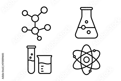 Chemistry science line icon set. Editable stroke vector illustration. Laboratory research concept. Molecule, atom, flask, test tube, beaker symbols. For app, web, ui, ux design.