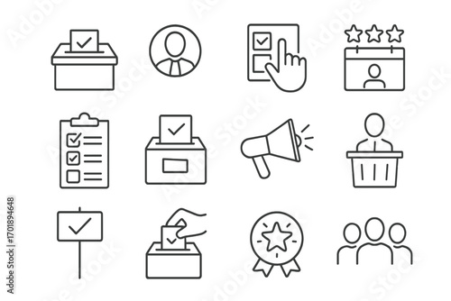 Election and voting thin line icon set. Politics, democracy, and campaign symbols. Vector outline collection with ballot box, vote, poll, and candidate signs for web design.