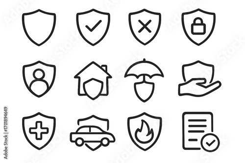 Shield icon set for protection, security, and insurance. Vector line icons collection with concepts of safety, guard, and policy. Includes symbols for home, car, health, and fire.
