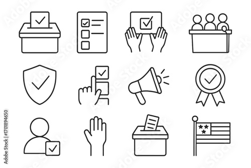 Election and voting line icon set. Vector symbols for politics and democracy. Includes ballot box, vote, poll, campaign sign, flag and award. Simple outline graphic for web.