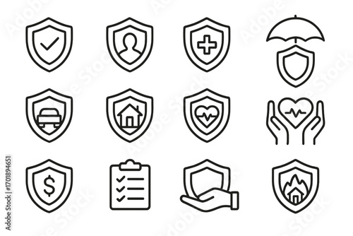 Insurance line icon set. Shield collection for security and protection concepts. Vector symbols for health, life, car, home, and fire insurance. Safety, policy, and guarantee.