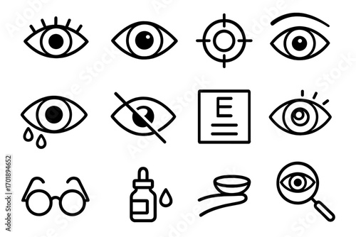 Eye icons set vector line art, outline eye symbols for vision care, eye health, ophthalmology, eye drops, glasses, contact lens, eye test charts, eye protection, design elements