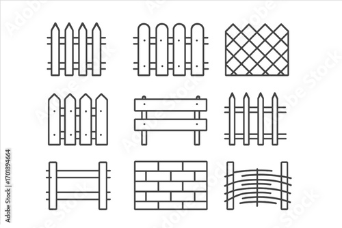 Fence and barrier line icon set. Collection of vector signs for web, apps, and infographics. Includes picket, brick wall, bench, and enclosure symbols for design.