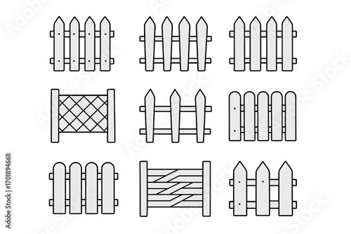 Vector fence icon set. Collection of wooden picket fences for garden and home. Graphic design elements for web, app, and infographics. Rural barrier and boundary symbols.
