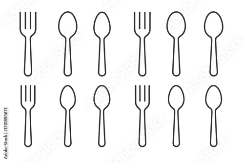 Fork and spoon thin line icon collection. Editable stroke vector set for restaurant menu, kitchen, food blog, web design, and apps. Minimalist cutlery and silverware symbols.