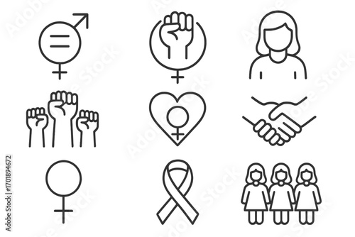 Feminism line icon set. Woman empowerment signs. Gender equality, female rights, girl power symbol. Sisterhood solidarity protest. Raised fist, venus sign, women group vector.