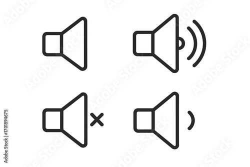 Volume control icon set. Sound on, off, mute, and silent mode symbols. Audio speaker pictogram collection for web design, app interface. Outline vector line art illustration.