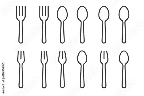 Fork and spoon thin line icon collection. Cutlery symbol set for restaurant menu, kitchen, or food-related web design. Editable stroke vector illustration for modern apps.