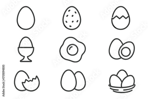 Egg icon set collection of thin line symbols for breakfast and cooking. Vector linear graphic design elements. Fried, boiled, cracked egg, nest with eggs, healthy food.