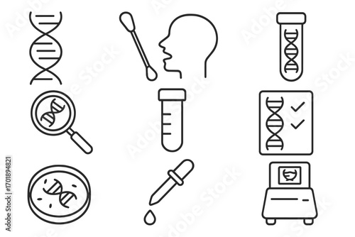 DNA test line icon set. Genetic testing, analysis, and research vector icons. Gene sequencing, ancestry, paternity diagnostics. Lab equipment, swab, test tube symbols.