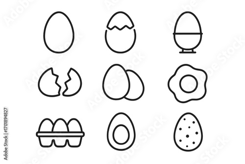 Egg icon set thin line art vector. Food, breakfast and cooking symbols. Fried, boiled, broken eggs and carton. Minimalist outline pictogram collection for web and apps.