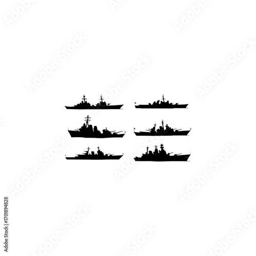 Warship navy silhouettes set, large pack of vector silhouette design, isolated white background.  