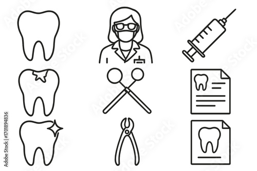 Dentist and dental care line icon set. Vector outline symbols for stomatology. Tooth, doctor, syringe, tools, prescription chart. Oral hygiene, teeth treatment, decay, clean.
