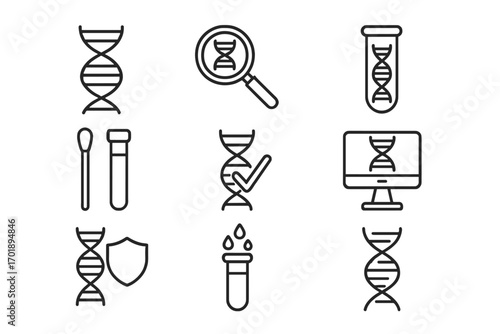 DNA test thin line icon set. Genetics, science, and biotechnology concept. Vector icons for lab analysis, research, ancestry, and paternity test. Editable stroke illustration.
