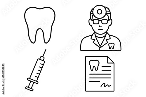 Dentistry and stomatology line icon set. Dental care outline symbols for infographic. Tooth, dentist, doctor, syringe, and prescription icons. Healthcare medical concept vector.