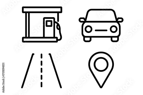 Gas station, car, road, map pin vector icon set. Thin line art bundle for transport, travel, and navigation concepts. Location, destination, and route symbols with editable stroke.