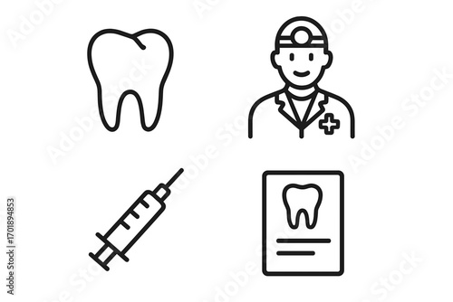 Dentist and dental care simple line icon set. Vector icons of tooth, doctor, syringe, and medical prescription for infographics. Stomatology and healthcare concept symbols.