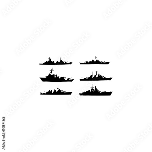 Warship navy silhouettes set, large pack of vector silhouette design, isolated white background.  
